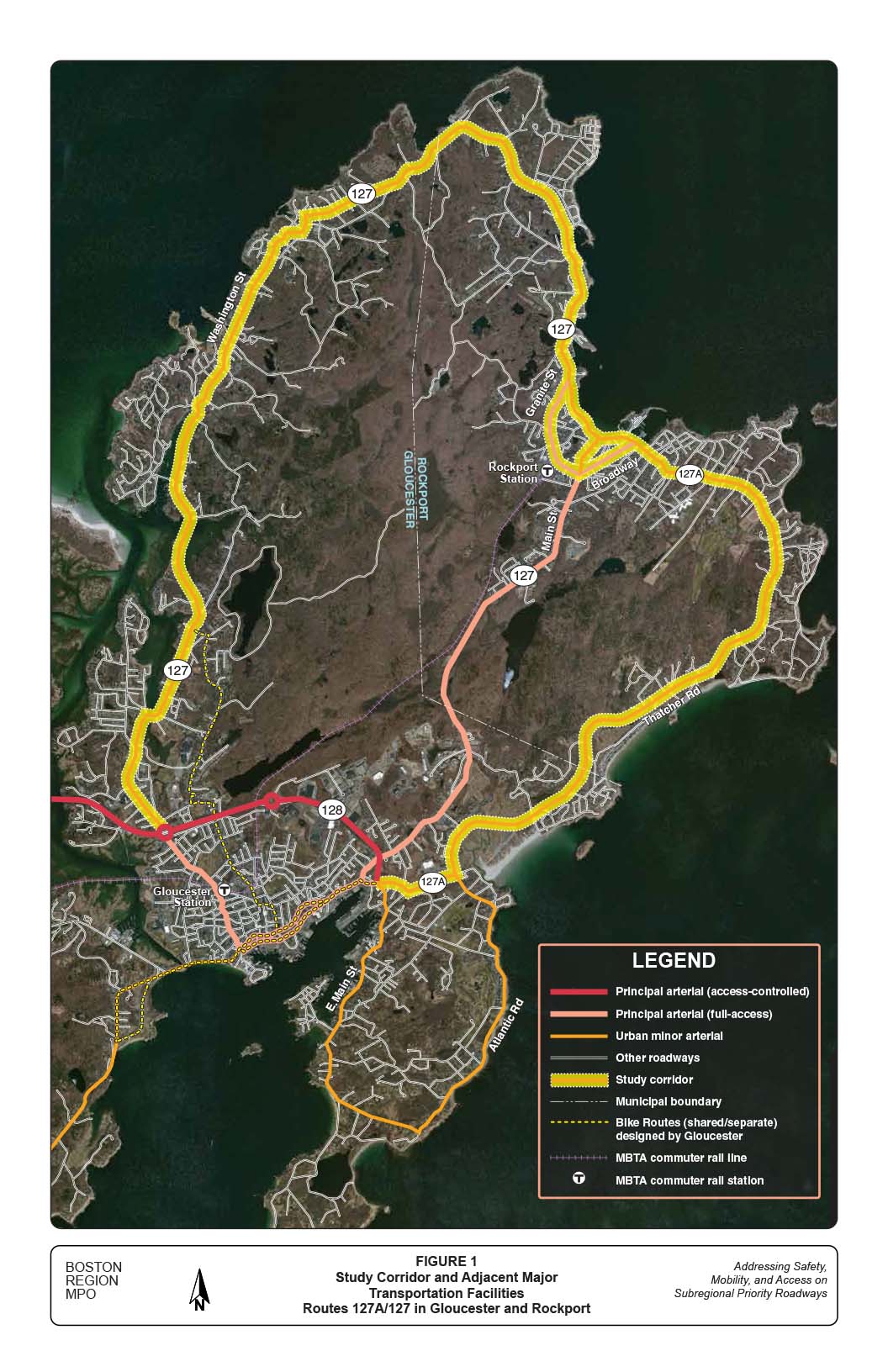 FIGURE 1 .Study Corridor and Adjacent Major Transportation Facilities Routes 127A/127 in Gloucester and Rockport
This aerial-view map of the study area denotes, via various colored and textured lines, the: Principal arterials (access-controlled); principal arterials (full-access); urban minor arterials; other roadways; study corridor; municipal boundaries; bike routes (shared/separate) designed by Gloucester; MBTA commuter rail line; and MBTA commuter rail station.
